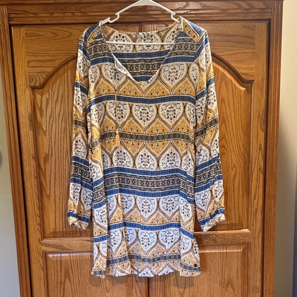 Roxy Bohemian Blue and Gold Patterned Tunic Dress EUC